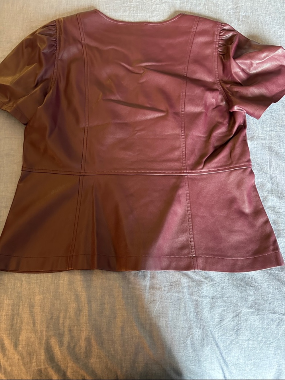 Ann Taylor Burgundy Faux Leather V-Neck Peplum Blouse - Picture 5 of 5